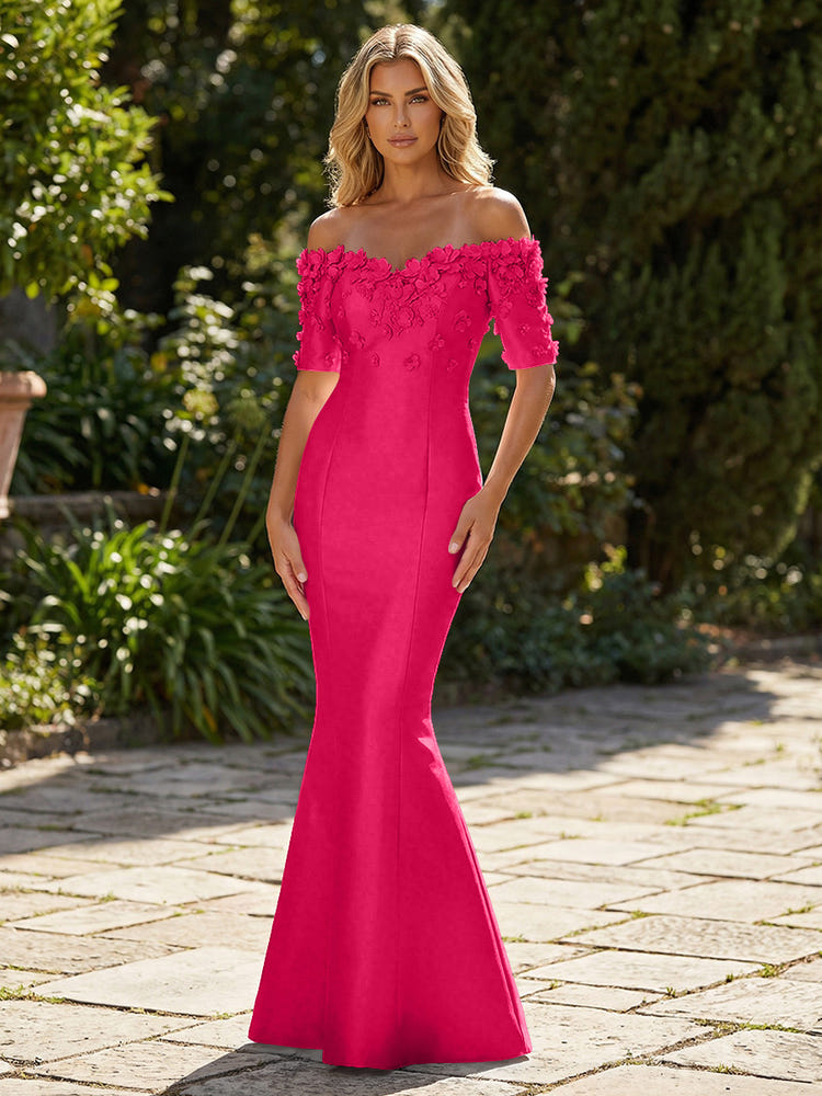 Mermaid Satin Off the Shoulder Formal Dresses with 3D Flowers & Short Sleeves