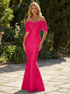 Mermaid Satin Off the Shoulder Formal Dresses with 3D Flowers & Short Sleeves
