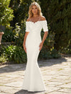 Mermaid Satin Off the Shoulder Formal Dresses with 3D Flowers & Short Sleeves