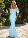 Mermaid Satin Off the Shoulder Formal Dresses with 3D Flowers & Short Sleeves