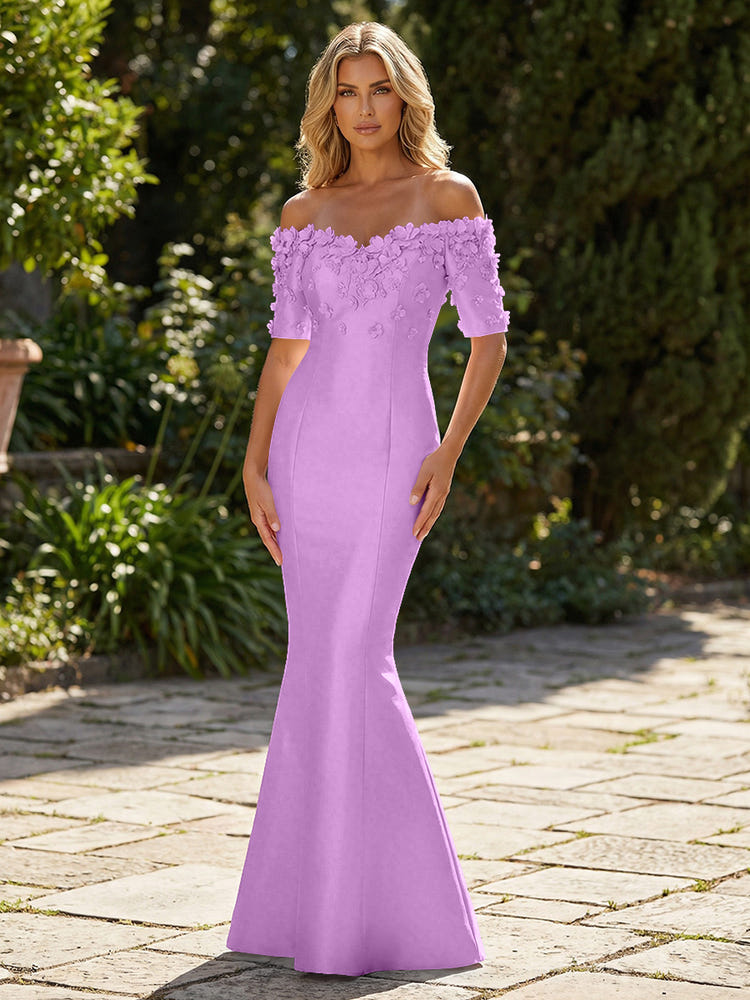 Mermaid Satin Off the Shoulder Formal Dresses with 3D Flowers & Short Sleeves