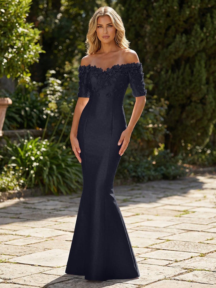 Mermaid Satin Off the Shoulder Formal Dresses with 3D Flowers & Short Sleeves