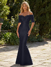 Mermaid Satin Off the Shoulder Formal Dresses with 3D Flowers & Short Sleeves