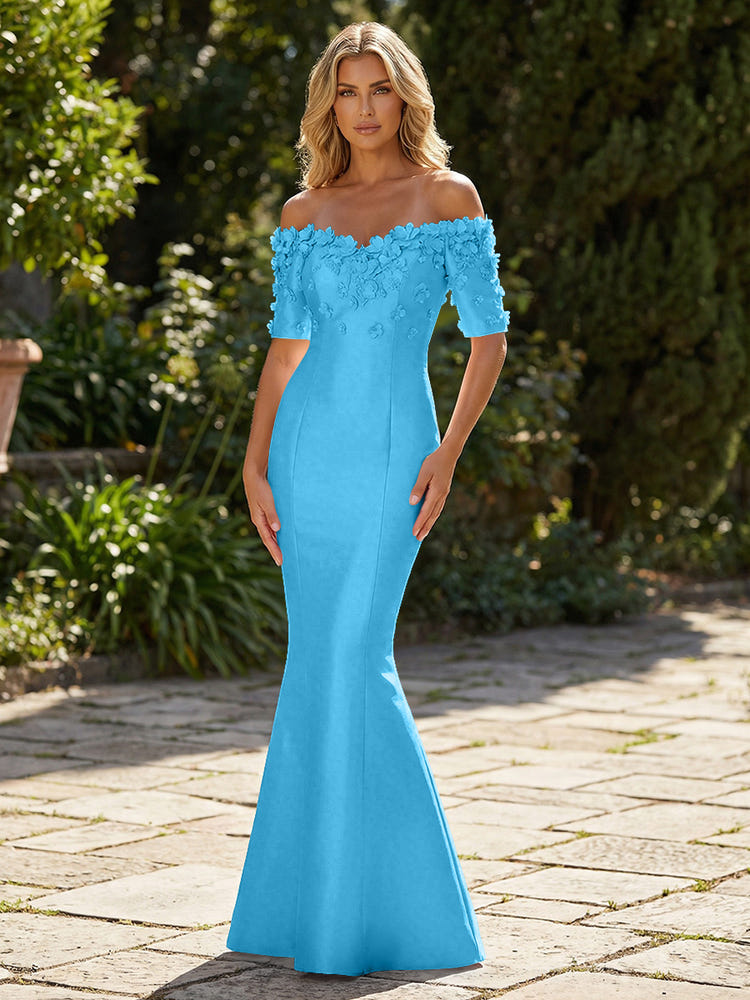 Mermaid Satin Off the Shoulder Formal Dresses with 3D Flowers & Short Sleeves