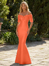 Mermaid Satin Off the Shoulder Formal Dresses with 3D Flowers & Short Sleeves
