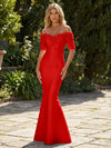 Mermaid Satin Off the Shoulder Formal Dresses with 3D Flowers & Short Sleeves