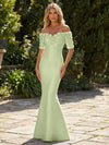 Mermaid Satin Off the Shoulder Formal Dresses with 3D Flowers & Short Sleeves