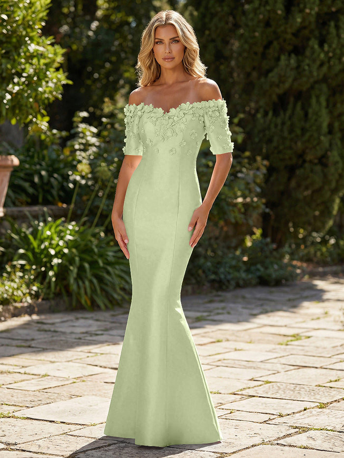 Mermaid Satin Off the Shoulder Formal Dresses with 3D Flowers & Short Sleeves
