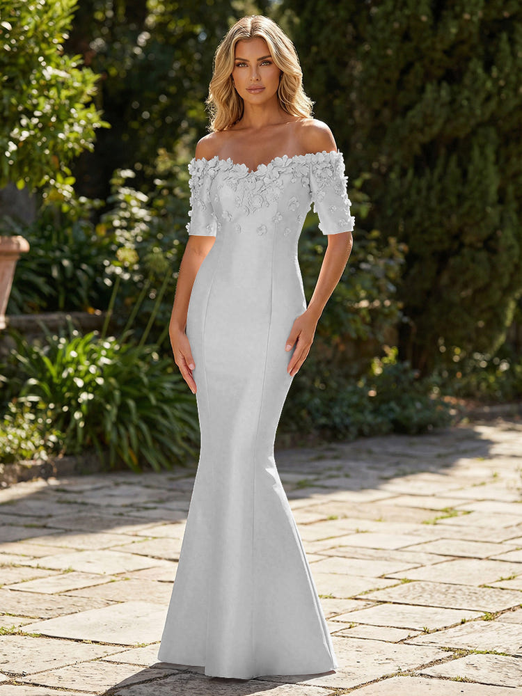 Mermaid Satin Off the Shoulder Formal Dresses with 3D Flowers & Short Sleeves