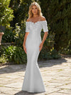 Mermaid Satin Off the Shoulder Formal Dresses with 3D Flowers & Short Sleeves