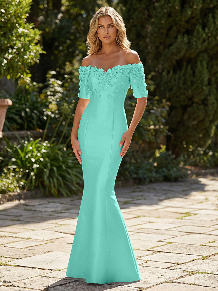 Mermaid Satin Off the Shoulder Formal Dresses with 3D Flowers & Short Sleeves
