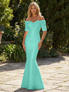 Mermaid Satin Off the Shoulder Formal Dresses with 3D Flowers & Short Sleeves