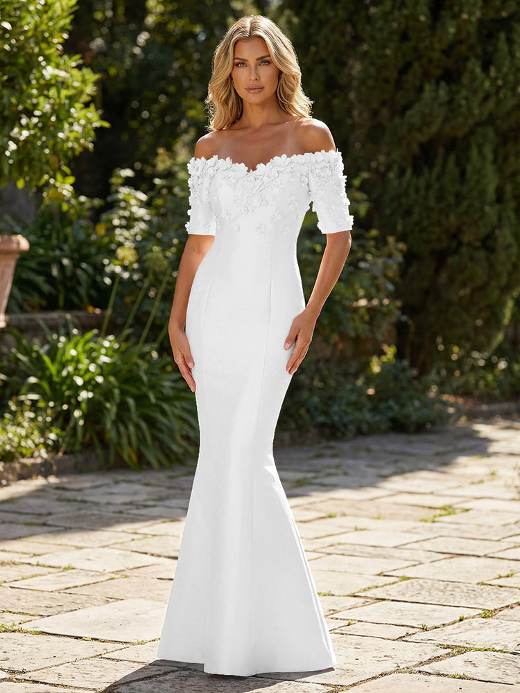 Mermaid Satin Off the Shoulder Formal Dresses with 3D Flowers & Short Sleeves