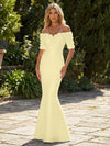Mermaid Satin Off the Shoulder Formal Dresses with 3D Flowers & Short Sleeves