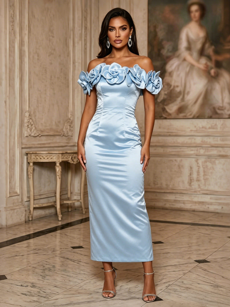 Satin Mermaid Off Shoulder Formal Dresses with 3D Flowers