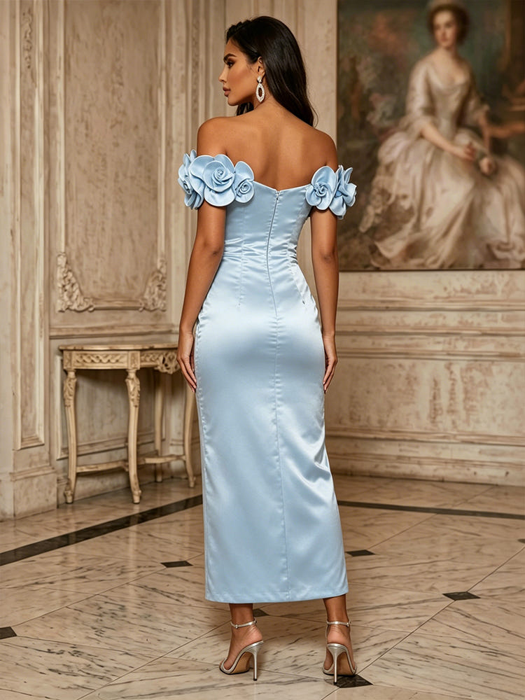 Satin Mermaid Off Shoulder Formal Dresses with 3D Flowers