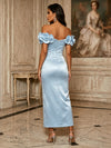 Satin Mermaid Off Shoulder Formal Dresses with 3D Flowers