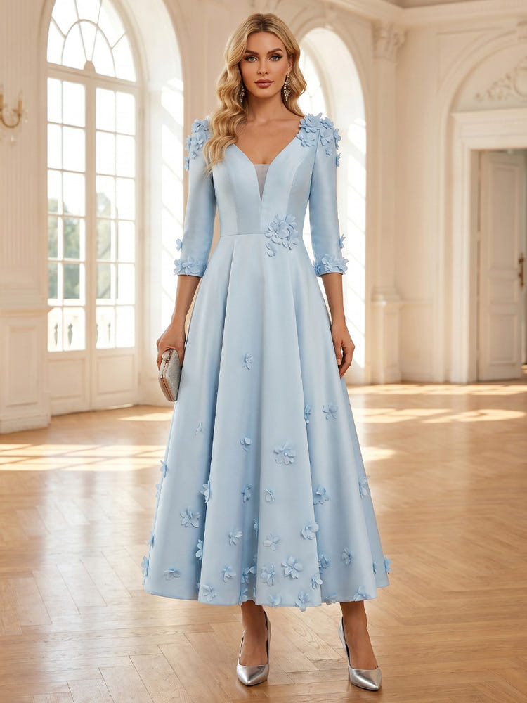Tea Length Half Sleeves Satin A-Line V Neck Mother of the Bride Dresses with 3D Flowers
