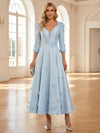 Tea Length Half Sleeves Satin A-Line V Neck Mother of the Bride Dresses with 3D Flowers