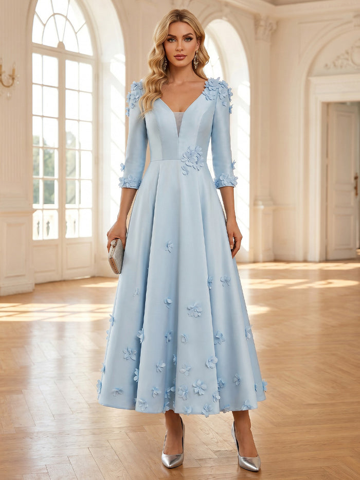 Tea Length Half Sleeves Satin A-Line V Neck Mother of the Bride Dresses with 3D Flowers