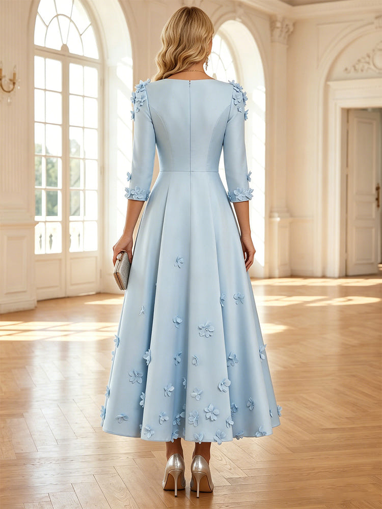 Tea Length Half Sleeves Satin A-Line V Neck Mother of the Bride Dresses with 3D Flowers