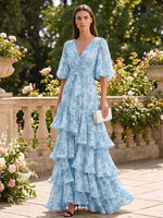 Chiffon A-Line V Neck Formal Dresses with Floral Print