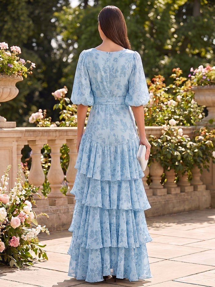 Chiffon A-Line V Neck Formal Dresses with Floral Print