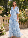 Chiffon A-Line V Neck Formal Dresses with Floral Print