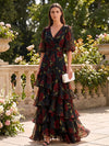 Chiffon A-Line V Neck Formal Dresses with Floral Print