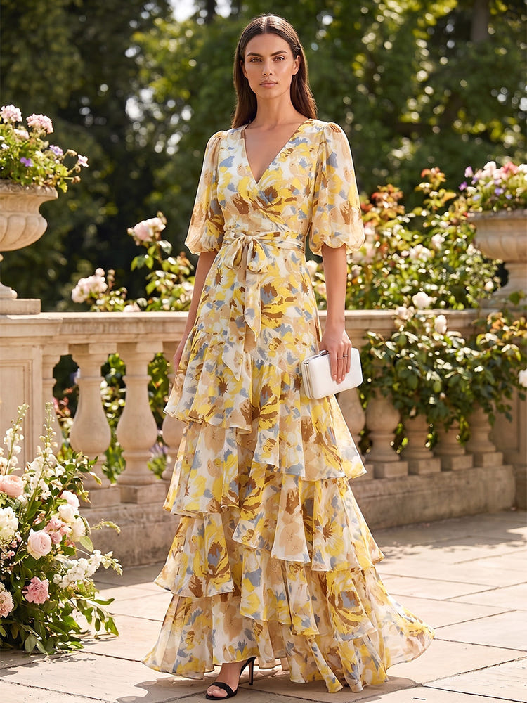 Chiffon A-Line V Neck Formal Dresses with Floral Print
