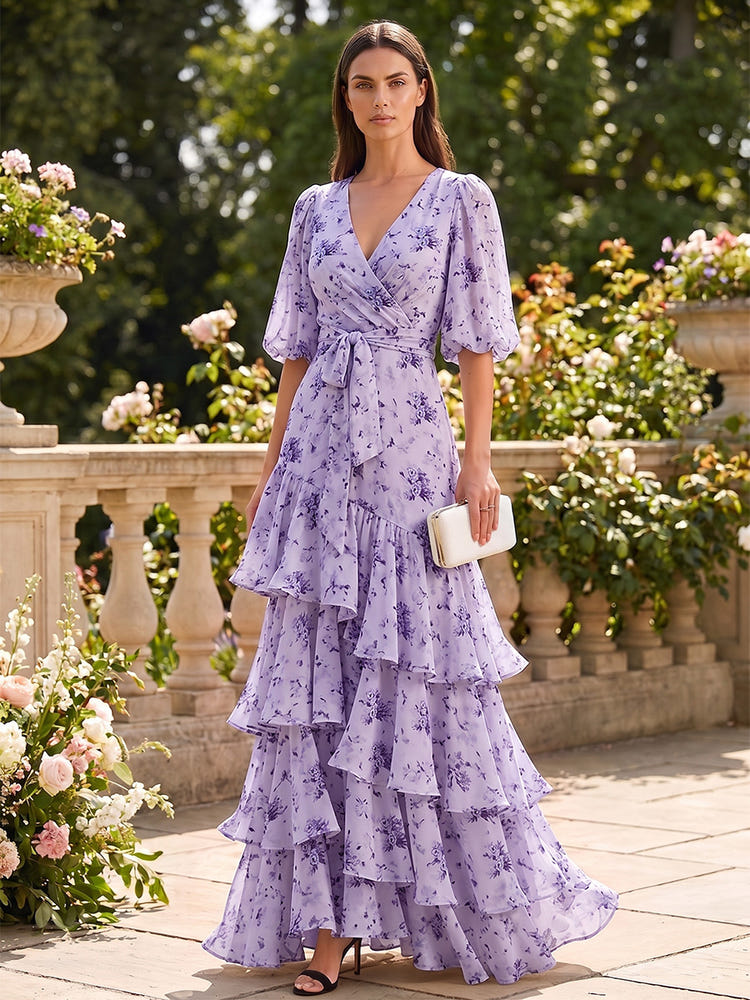 Chiffon A-Line V Neck Formal Dresses with Floral Print