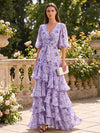 Chiffon A-Line V Neck Formal Dresses with Floral Print