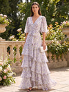 Chiffon A-Line V Neck Formal Dresses with Floral Print