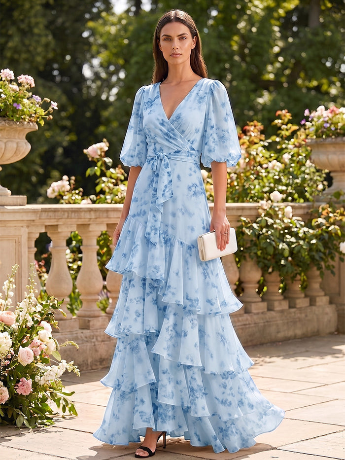 Chiffon A-Line V Neck Formal Dresses with Floral Print