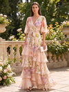Chiffon A-Line V Neck Formal Dresses with Floral Print