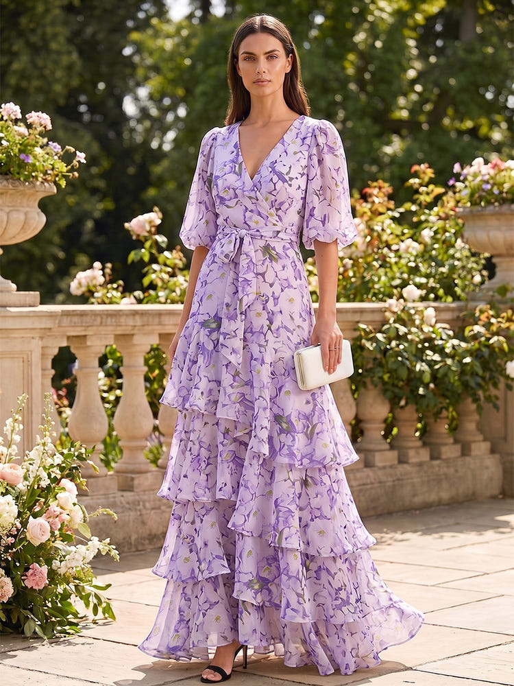 Chiffon A-Line V Neck Formal Dresses with Floral Print