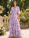 Chiffon A-Line V Neck Formal Dresses with Floral Print