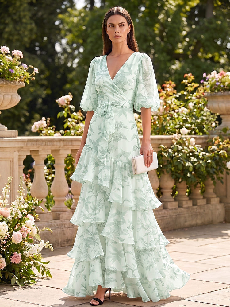 Chiffon A-Line V Neck Formal Dresses with Floral Print