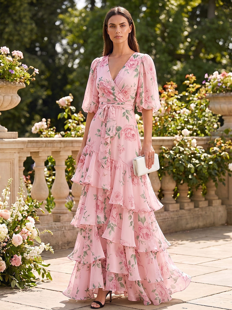 Chiffon A-Line V Neck Formal Dresses with Floral Print