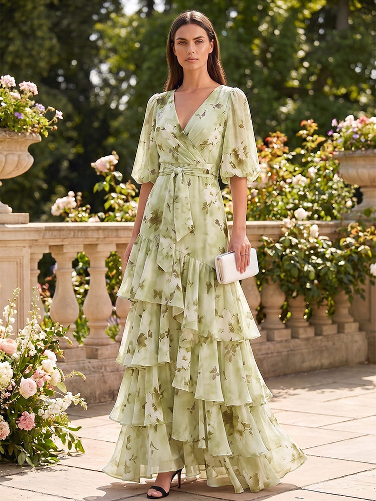 Chiffon A-Line V Neck Formal Dresses with Floral Print