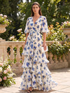 Chiffon A-Line V Neck Formal Dresses with Floral Print