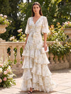 Chiffon A-Line V Neck Formal Dresses with Floral Print
