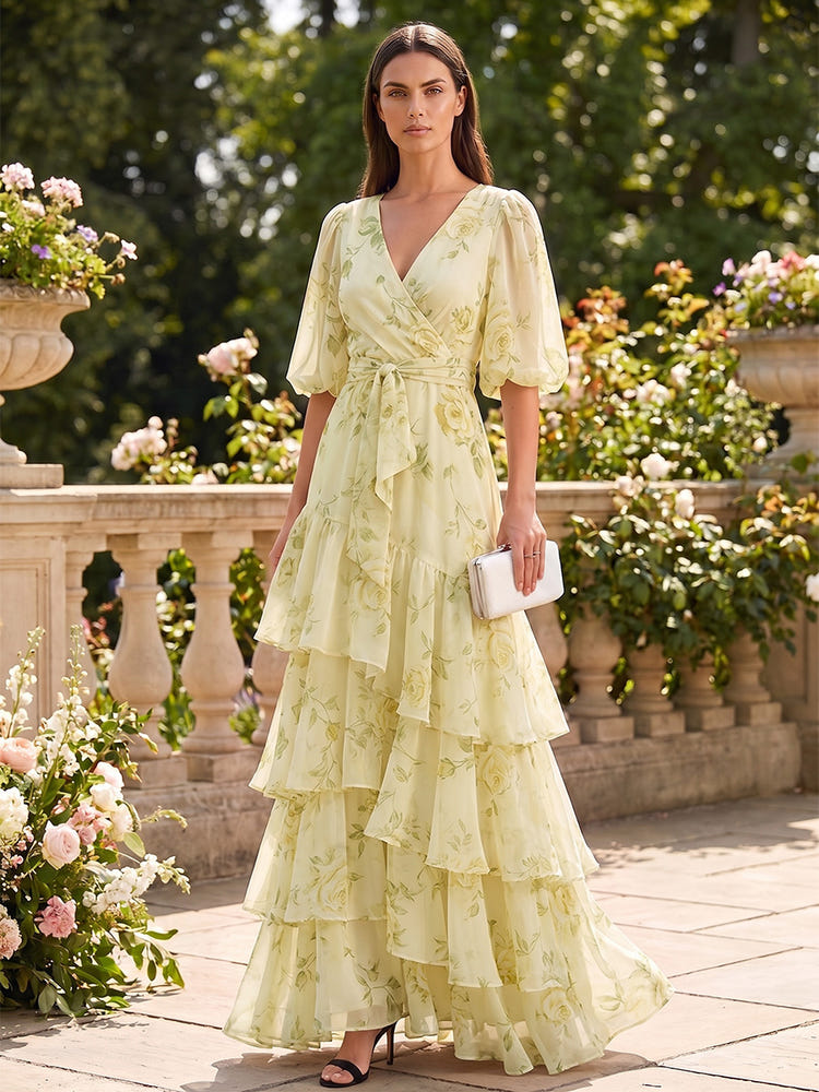 Chiffon A-Line V Neck Formal Dresses with Floral Print