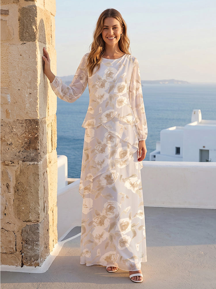 Chiffon A-Line Crew Neck Mother of the Bride Dresses with Floral Print & Long Sleeves