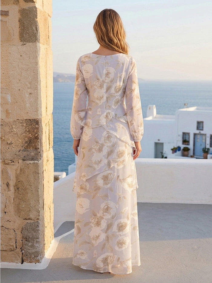 Chiffon A-Line Crew Neck Mother of the Bride Dresses with Floral Print & Long Sleeves