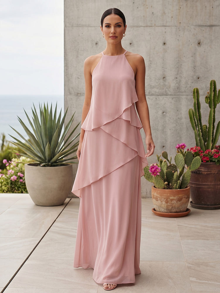 Tiered Asymmetrical Halter Mother Of The Bride Dresses Dusty Pink 2026 Sheath Sleeveless Maxi Formal Evening Wedding Guest Gowns
