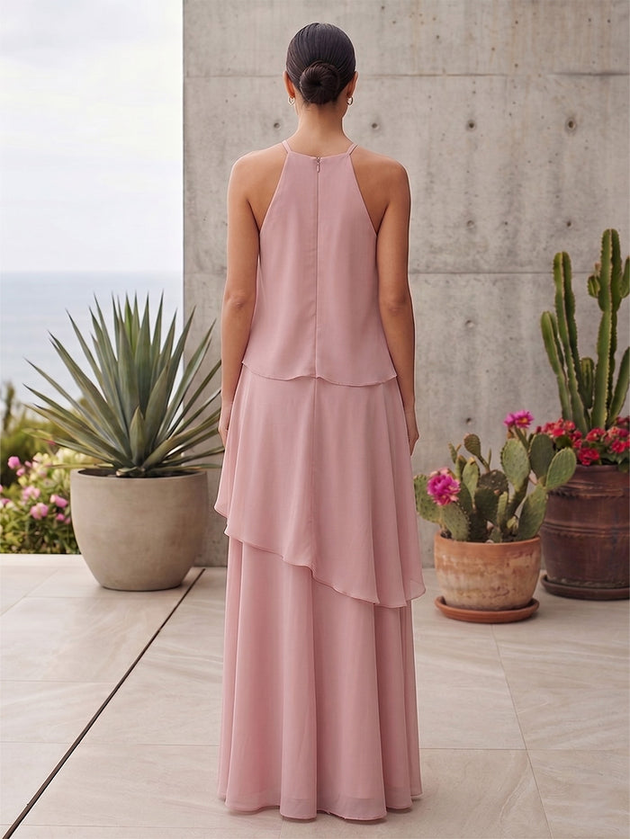 Long Chiffon A-Line Halter Neck Tiered Mother of the Bride Dresses for Wedding Party
