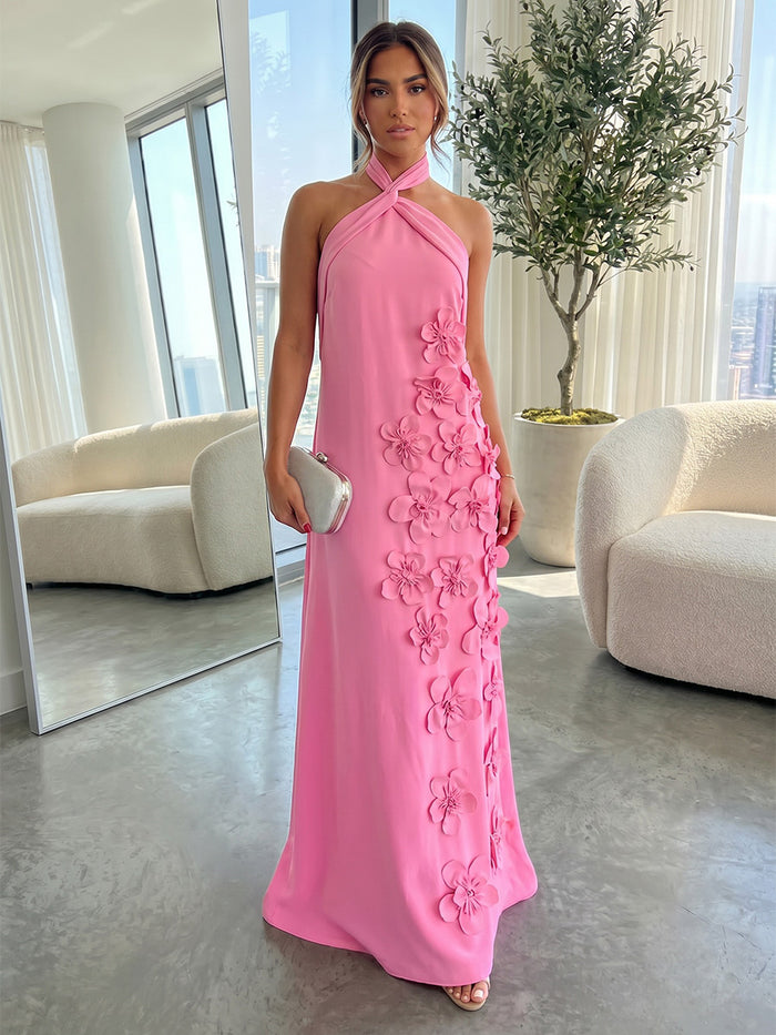 Jersey A-Line Halter Formal Dresses with 3D Flowers