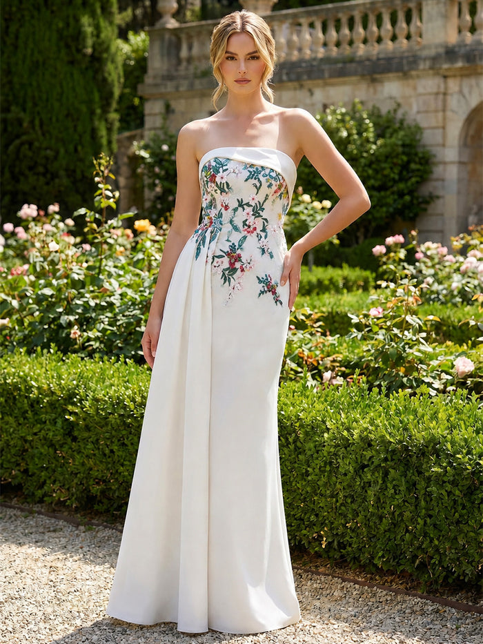 Satin Mermaid Strapless Formal Dresses with Floral Embroidery