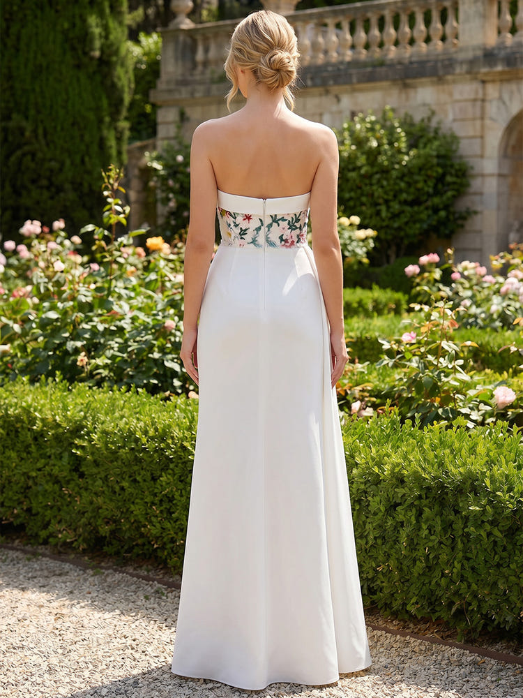 Satin Mermaid Strapless Formal Dresses with Floral Embroidery